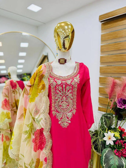 Heavy Chinon Party Top Pallazo &amp; Dupatta Set – Coding Embroidery &amp; Sequins Work