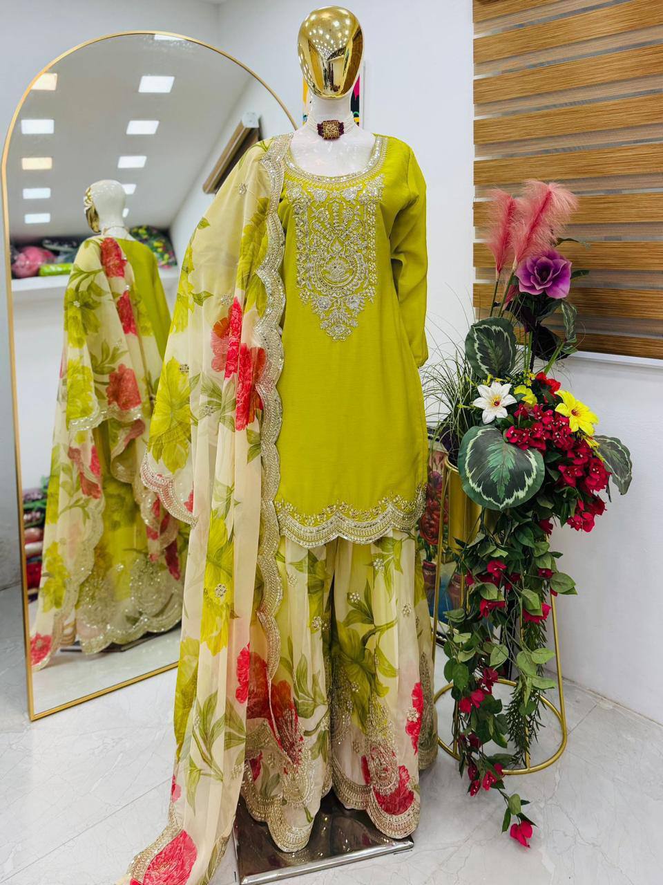 Heavy Chinon Party Top Pallazo &amp; Dupatta Set – Coding Embroidery &amp; Sequins Work