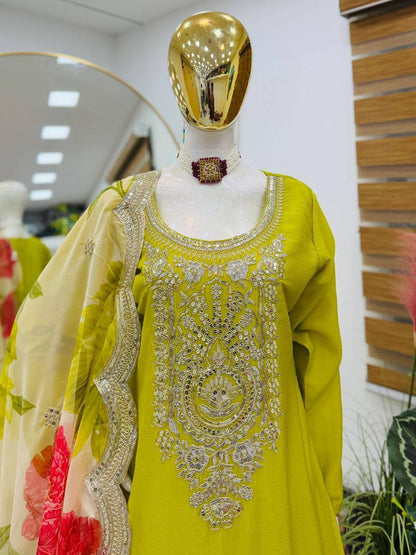Heavy Chinon Party Top Pallazo &amp; Dupatta Set – Coding Embroidery &amp; Sequins Work