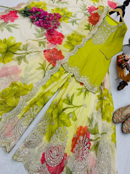 Heavy Chinon Party Top Pallazo &amp; Dupatta Set – Coding Embroidery &amp; Sequins Work