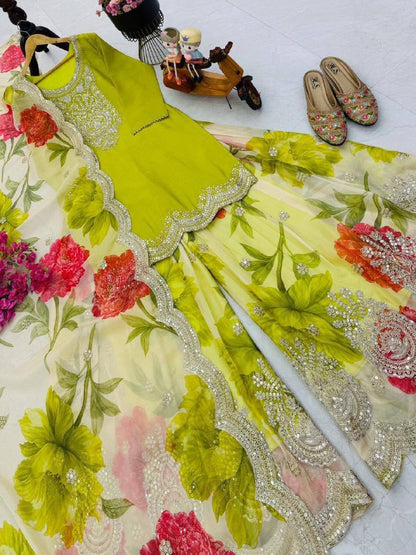 Heavy Chinon Party Top Pallazo &amp; Dupatta Set – Coding Embroidery &amp; Sequins Work