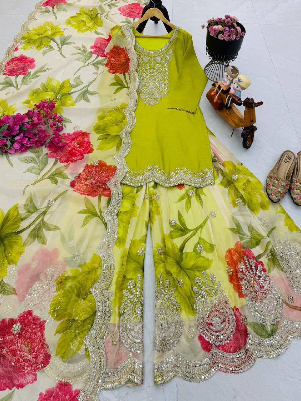 Heavy Chinon Party Top Pallazo &amp; Dupatta Set – Coding Embroidery &amp; Sequins Work