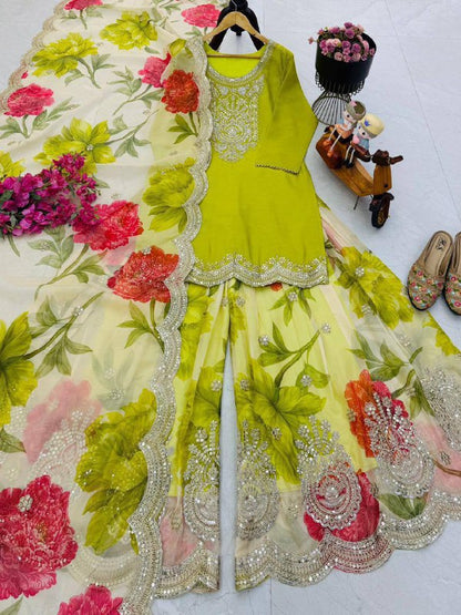 Heavy Chinon Party Top Pallazo &amp; Dupatta Set – Coding Embroidery &amp; Sequins Work