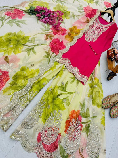 Heavy Chinon Party Top Pallazo &amp; Dupatta Set – Coding Embroidery &amp; Sequins Work
