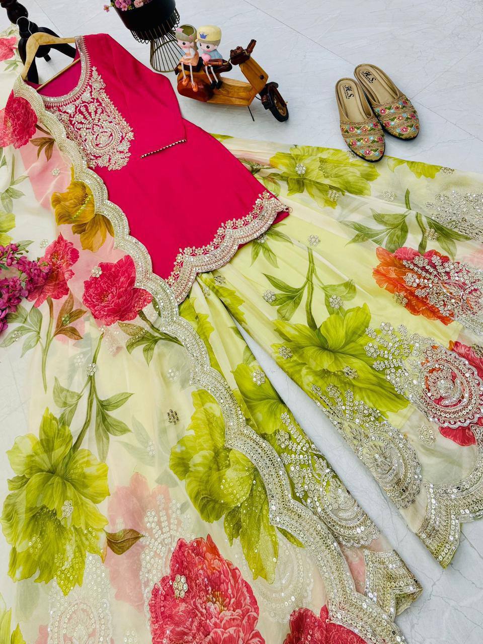 Heavy Chinon Party Top Pallazo &amp; Dupatta Set – Coding Embroidery &amp; Sequins Work