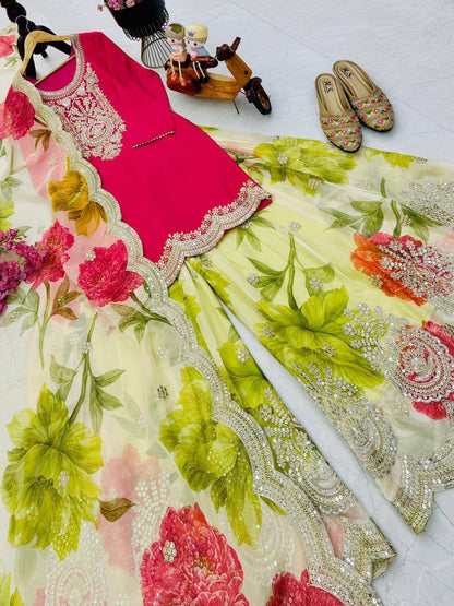 Heavy Chinon Party Top Pallazo &amp; Dupatta Set – Coding Embroidery &amp; Sequins Work