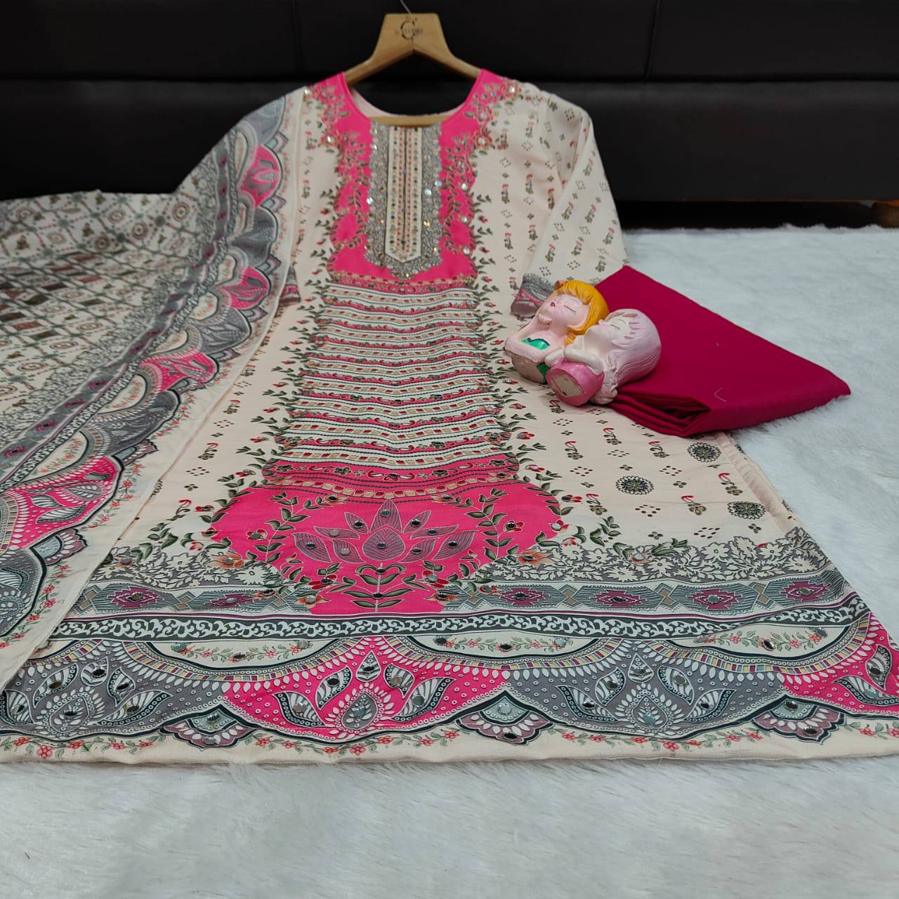 Pakistani Style Maslin Suit Set – Real Mirror Work with Dupatta