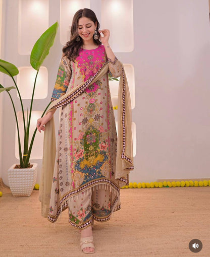 Noori Anarkali Round Plazzo Set – Muslin Cotton with Double Shade Dupatta