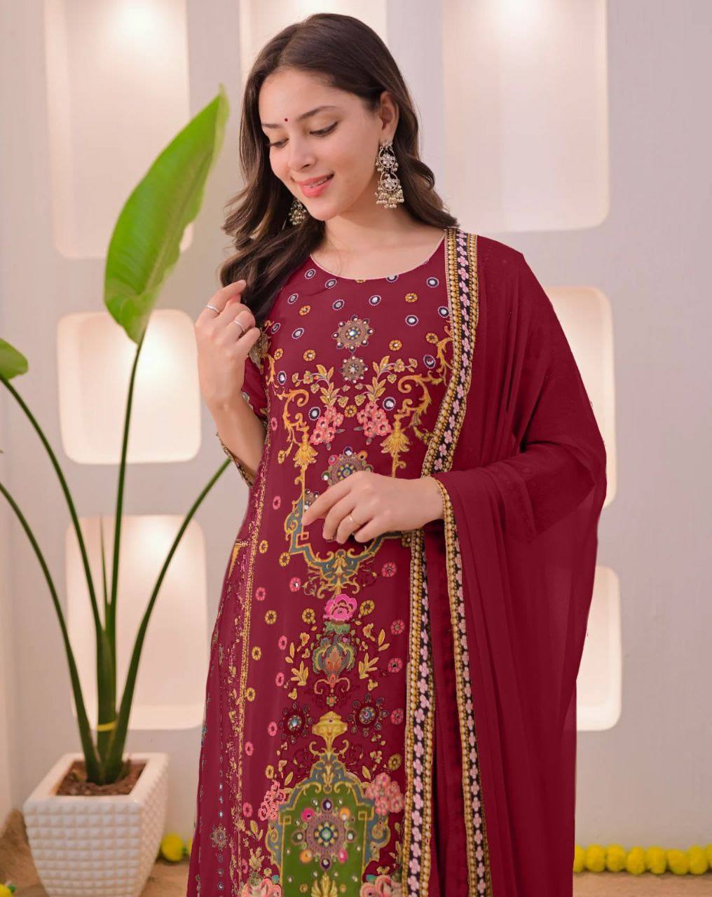 Noori Anarkali Round Plazzo Set – Muslin Cotton with Double Shade Dupatta