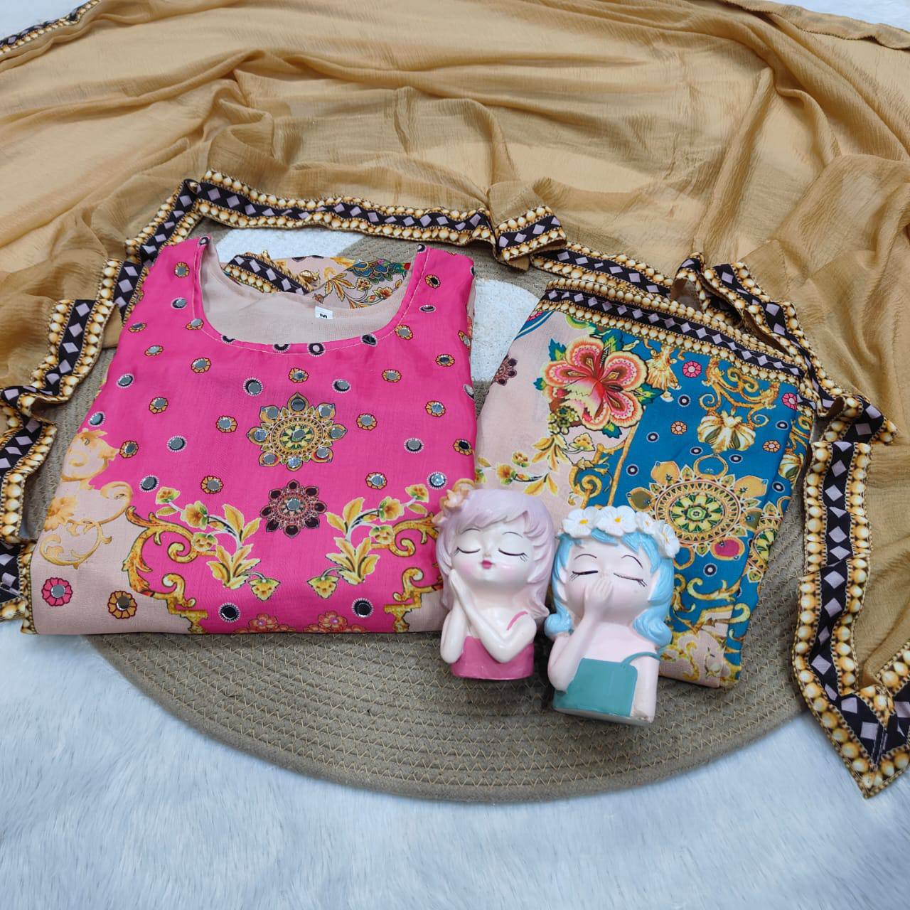 Noori Anarkali Round Plazzo Set – Muslin Cotton with Double Shade Dupatta