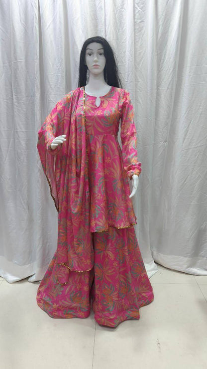 Premium Chinon Silk Sharara Suit Set – Digital Print & Sequins Lace Work with Dupatta