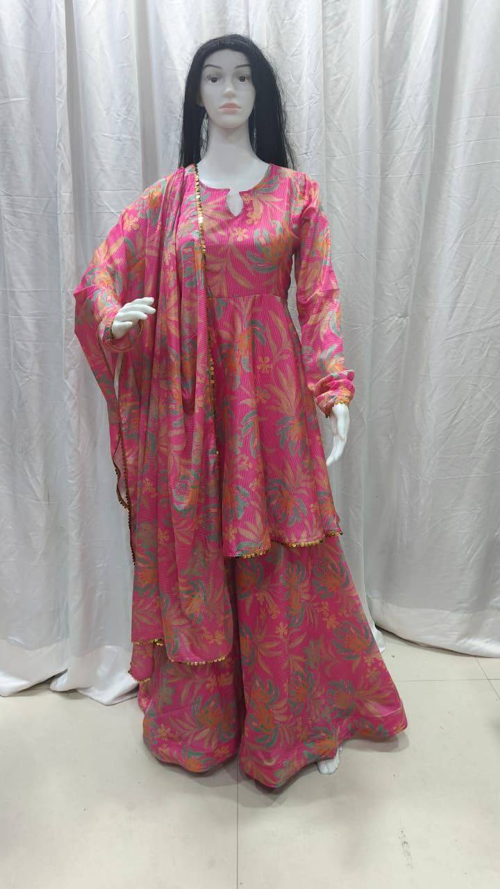 Premium Chinon Silk Sharara Suit Set – Digital Print & Sequins Lace Work with Dupatta