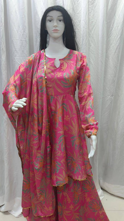 Premium Chinon Silk Sharara Suit Set – Digital Print & Sequins Lace Work with Dupatta