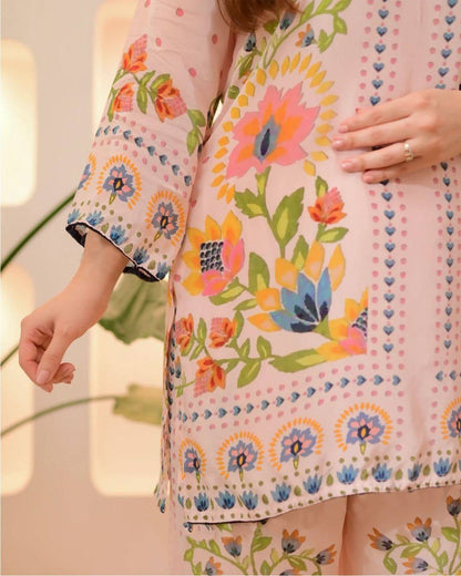 Premium Festival Co‑Ord Set – Soft Maslin Digital Print with Hand Mirror Work