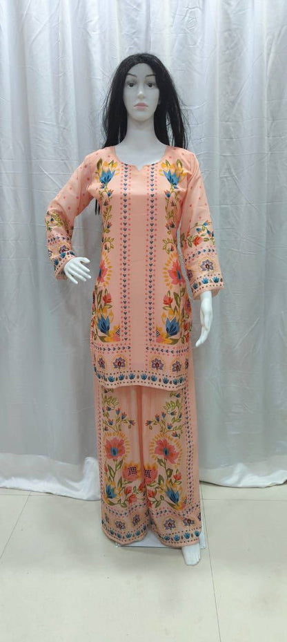 Premium Festival Co‑Ord Set – Soft Maslin Digital Print with Hand Mirror Work