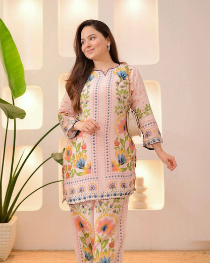 Premium Festival Co‑Ord Set – Soft Maslin Digital Print with Hand Mirror Work