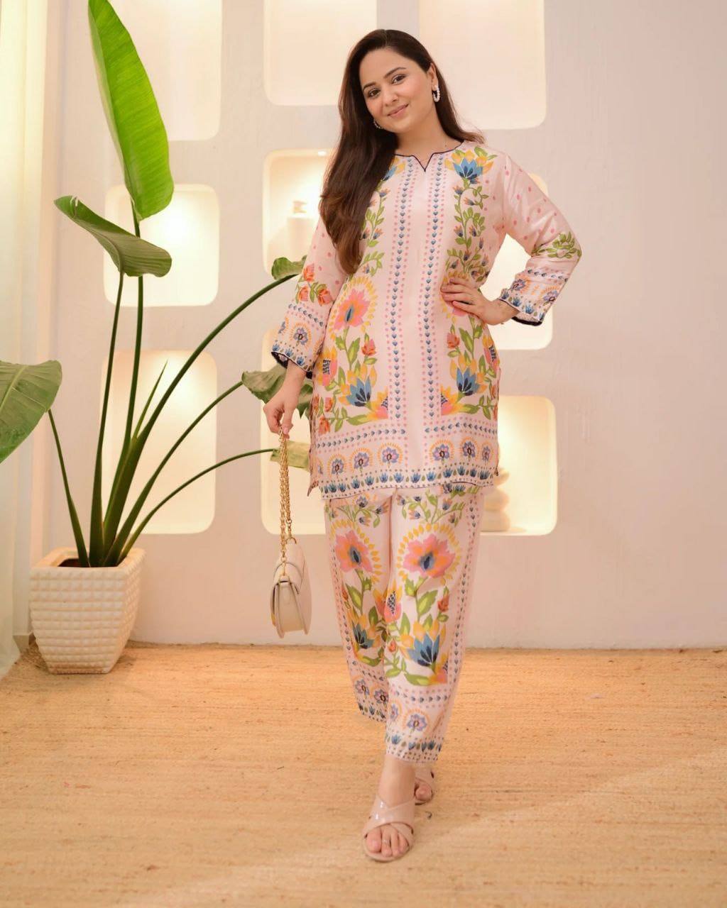 Premium Festival Co‑Ord Set – Soft Maslin Digital Print with Hand Mirror Work