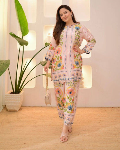 Premium Festival Co‑Ord Set – Soft Maslin Digital Print with Hand Mirror Work