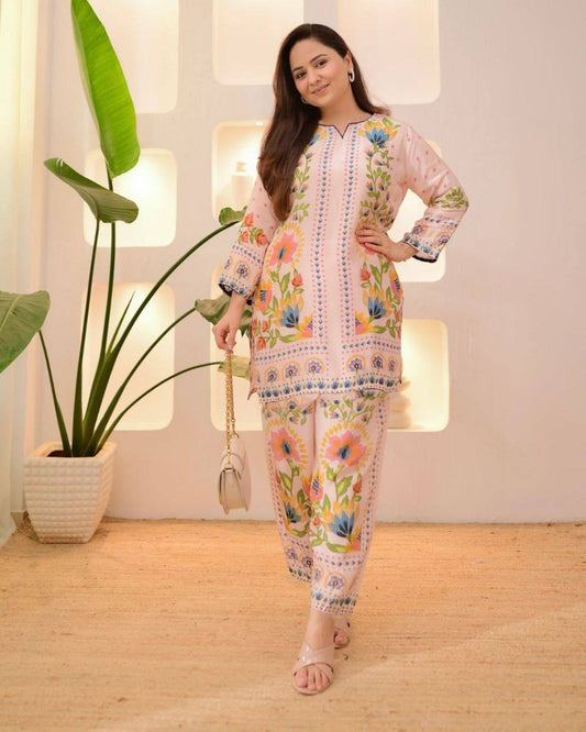 Premium Festival Co‑Ord Set – Soft Maslin Digital Print with Hand Mirror Work