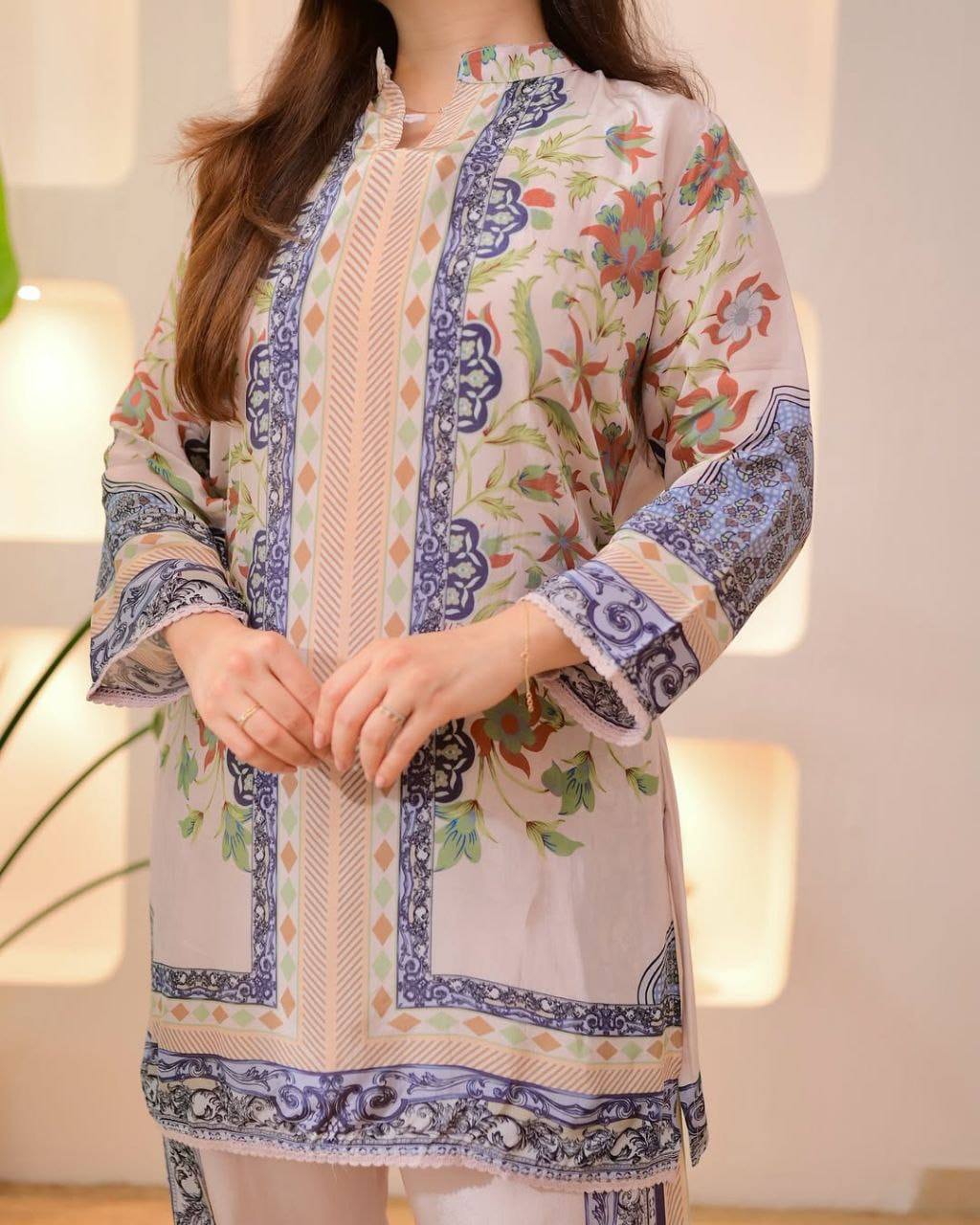 Premium Festival Co‑Ord Set – Soft Maslin Digital Print with Hand Mirror Work