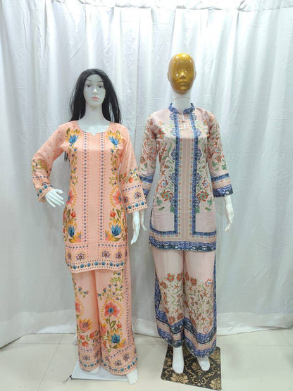 Premium Festival Co‑Ord Set – Soft Maslin Digital Print with Hand Mirror Work