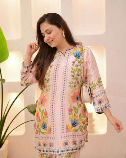 Premium Festival Co‑Ord Set – Soft Maslin Digital Print with Hand Mirror Work