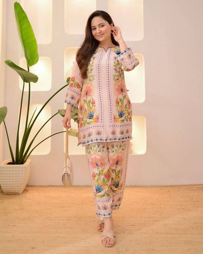 Premium Festival Co‑Ord Set – Soft Maslin Digital Print with Hand Mirror Work