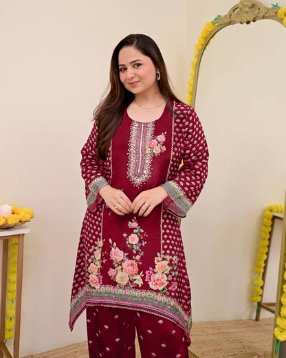 Festive Maslin Co‑Ord Set – Digital Print with Hand Mirror Work