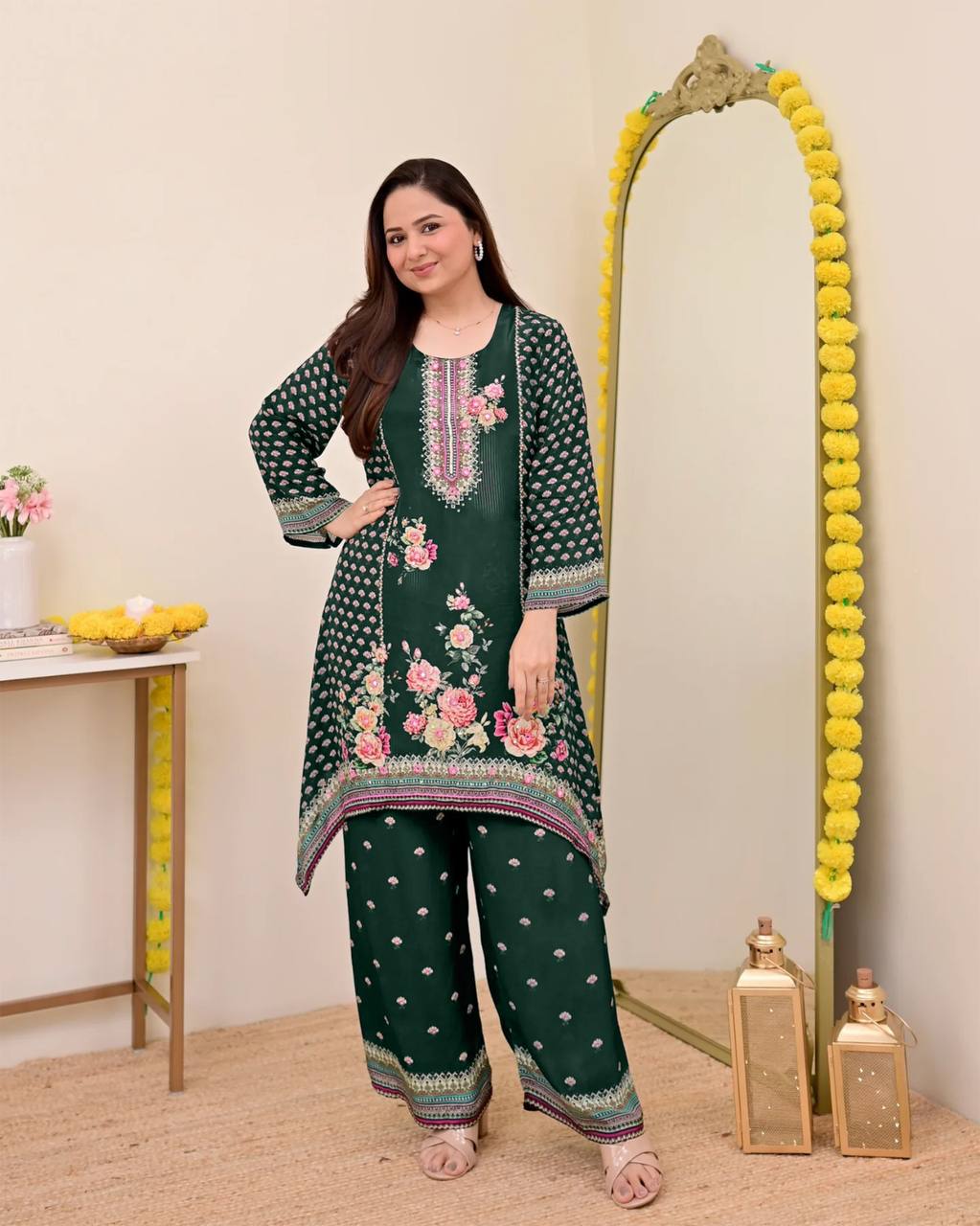 Festive Maslin Co‑Ord Set – Digital Print with Hand Mirror Work