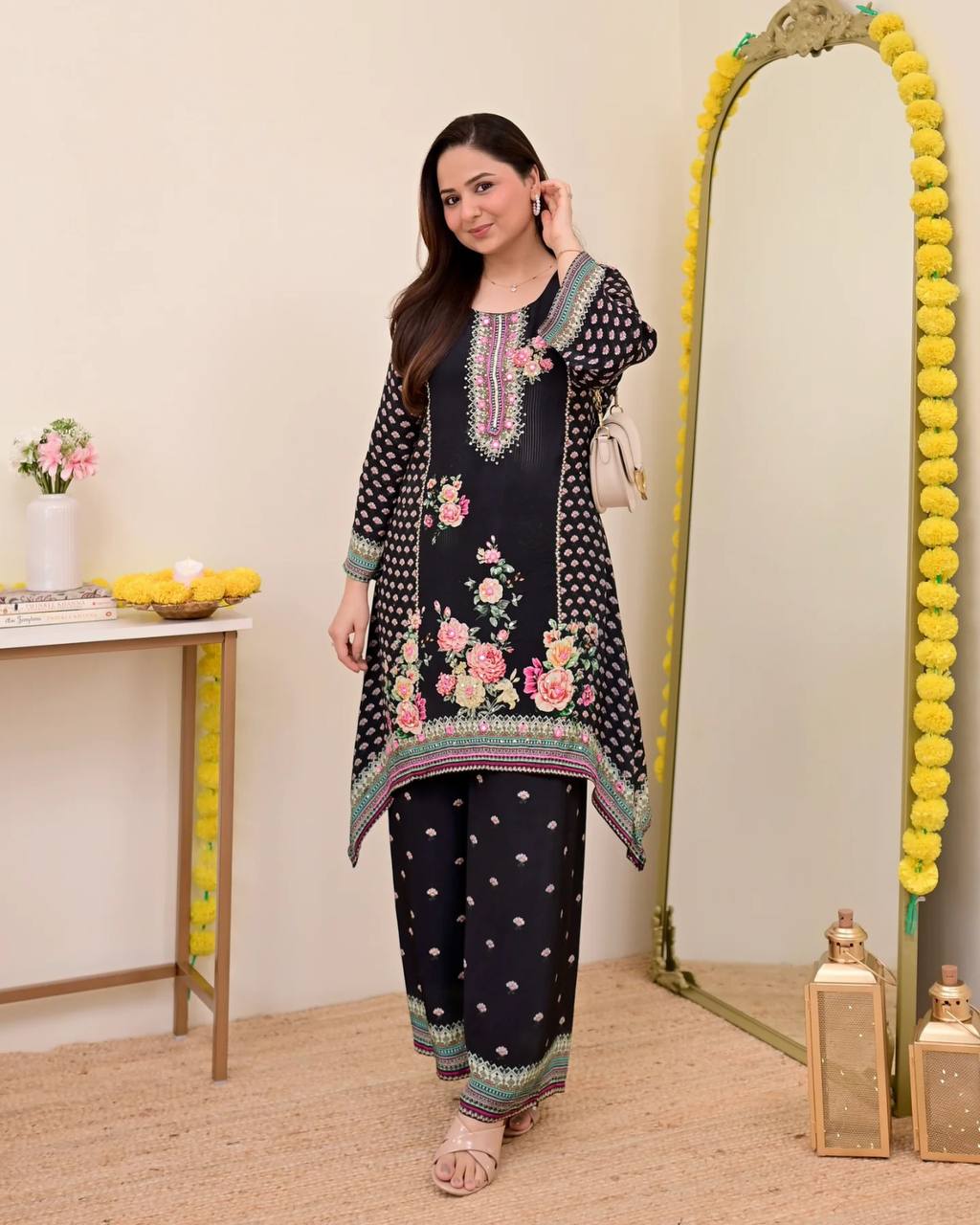 Festive Maslin Co‑Ord Set – Digital Print with Hand Mirror Work