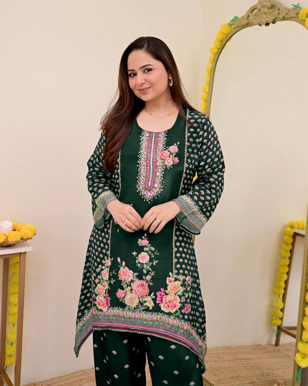 Festive Maslin Co‑Ord Set – Digital Print with Hand Mirror Work