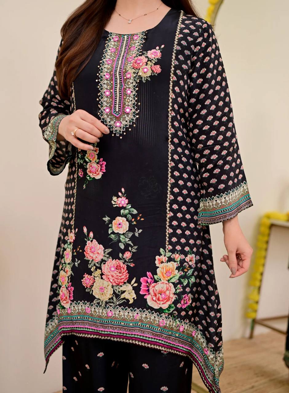 Festive Maslin Co‑Ord Set – Digital Print with Hand Mirror Work