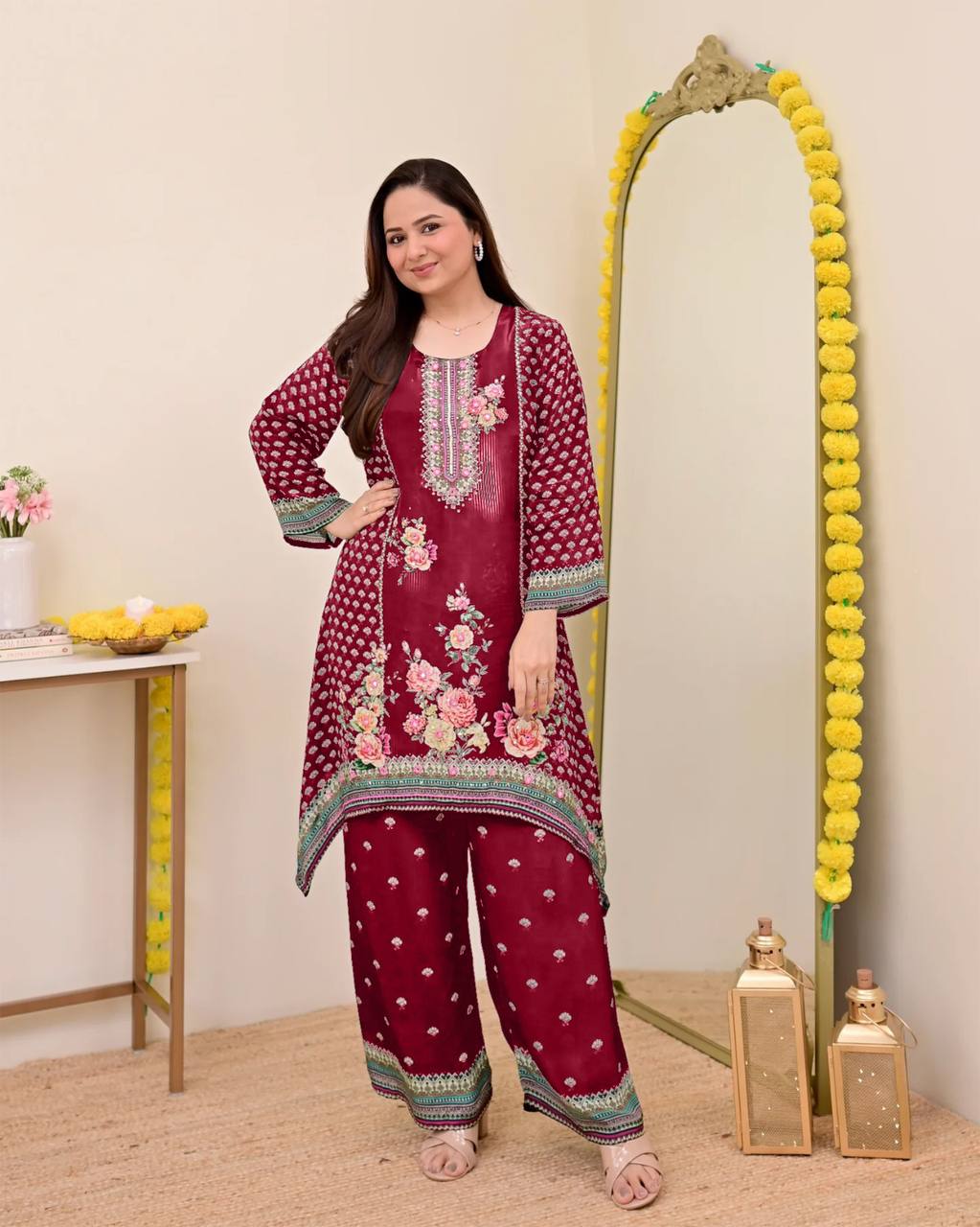 Festive Maslin Co‑Ord Set – Digital Print with Hand Mirror Work