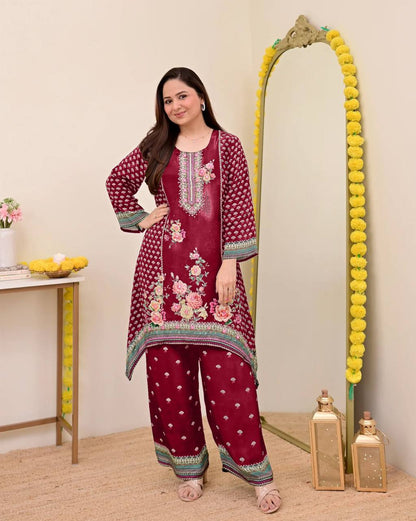 Festive Maslin Co‑Ord Set – Digital Print with Hand Mirror Work