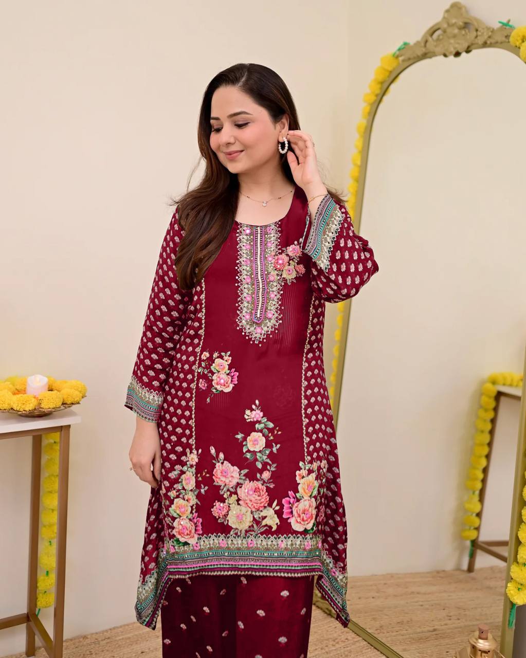 Festive Maslin Co‑Ord Set – Digital Print with Hand Mirror Work