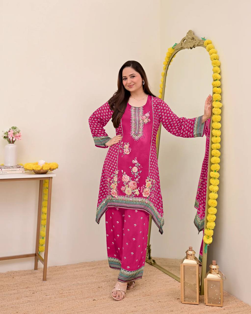 Festive Maslin Co‑Ord Set – Digital Print with Hand Mirror Work
