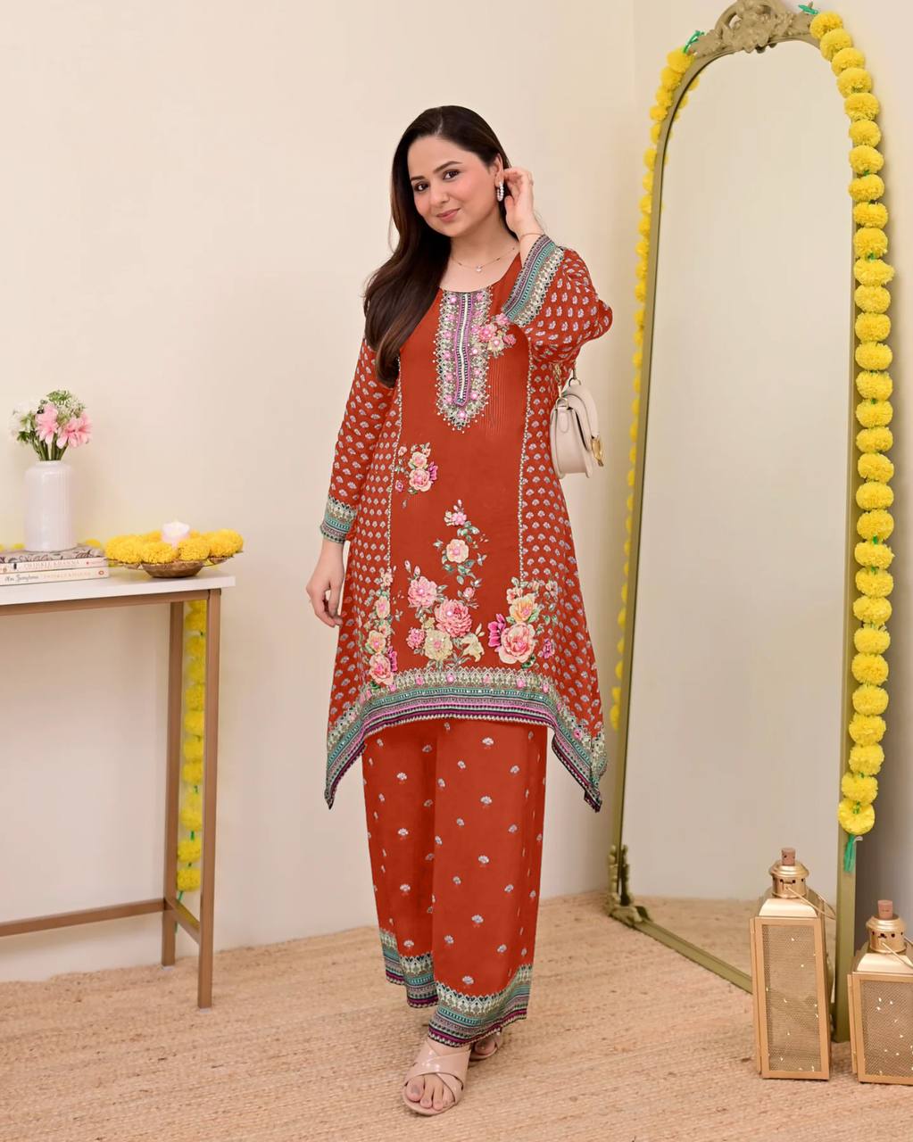 Festive Maslin Co‑Ord Set – Digital Print with Hand Mirror Work