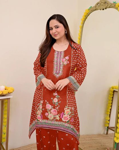 Festive Maslin Co‑Ord Set – Digital Print with Hand Mirror Work