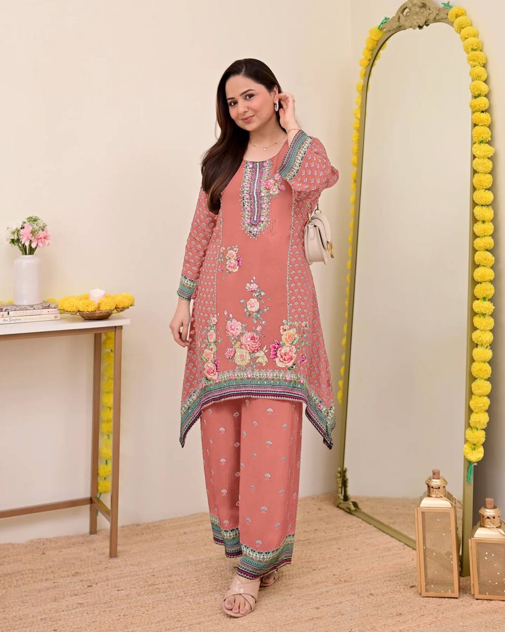 Festive Maslin Co‑Ord Set – Digital Print with Hand Mirror Work