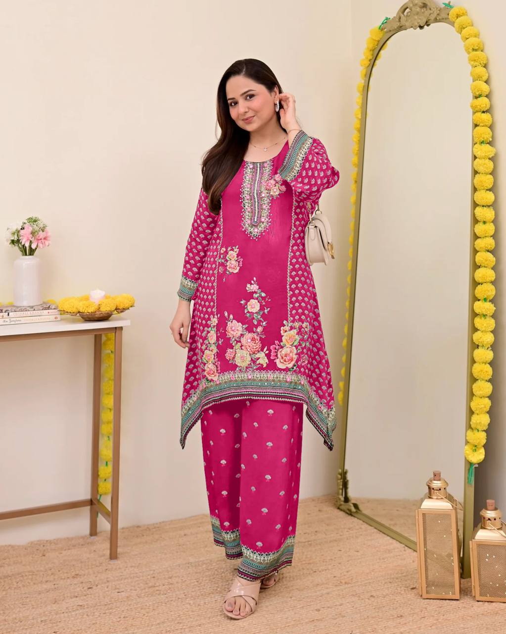 Festive Maslin Co‑Ord Set – Digital Print with Hand Mirror Work