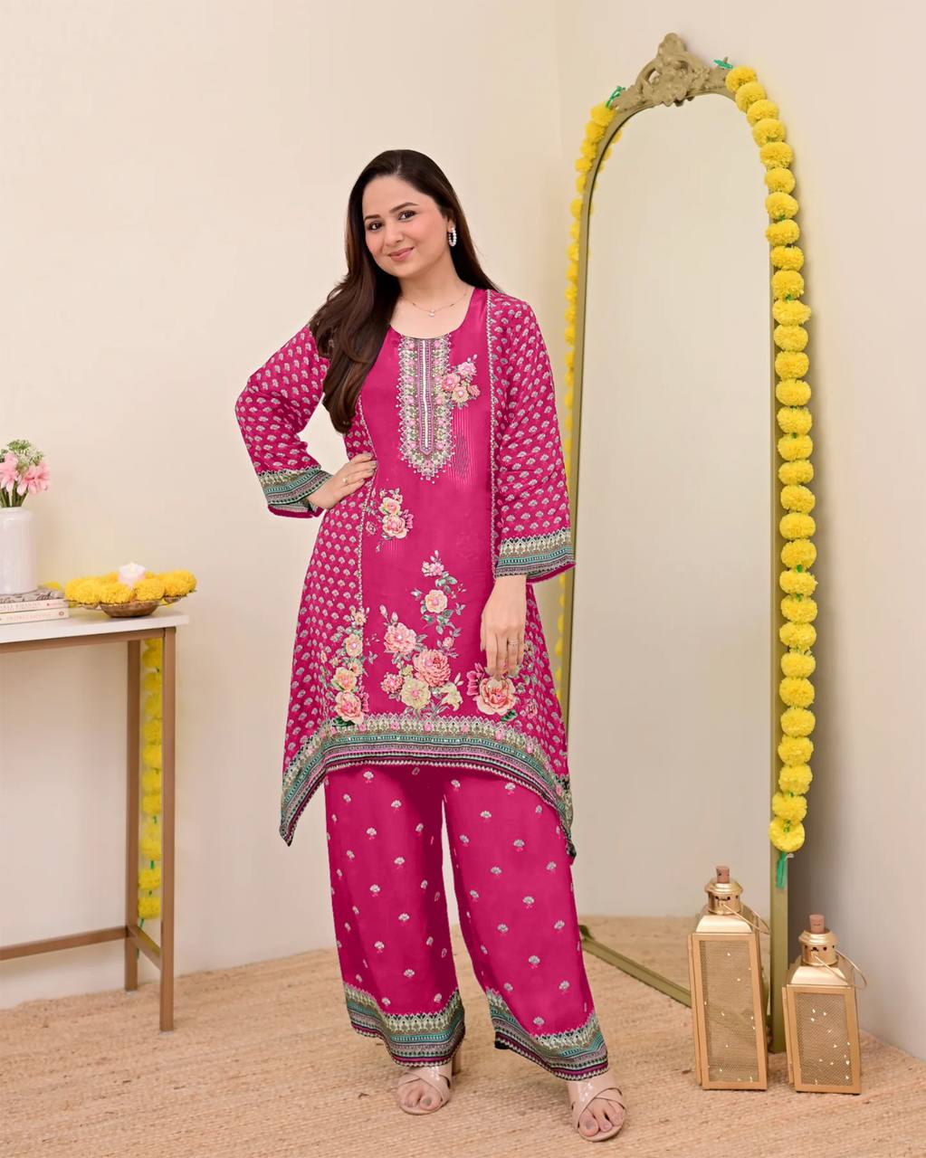 Festive Maslin Co‑Ord Set – Digital Print with Hand Mirror Work
