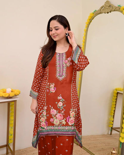 Festive Maslin Co‑Ord Set – Digital Print with Hand Mirror Work