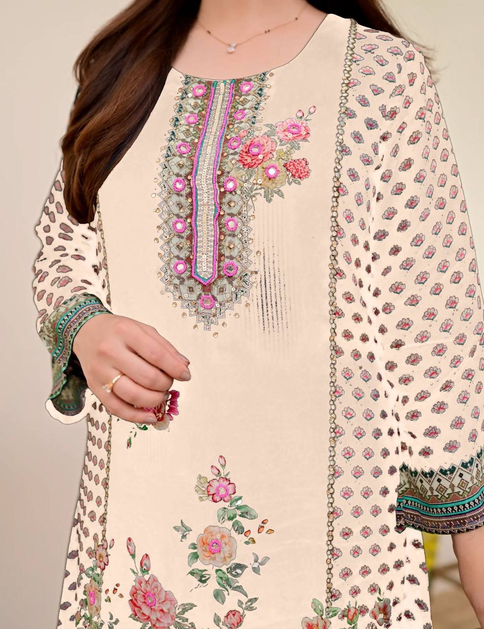 Festive Maslin Co‑Ord Set – Digital Print with Hand Mirror Work