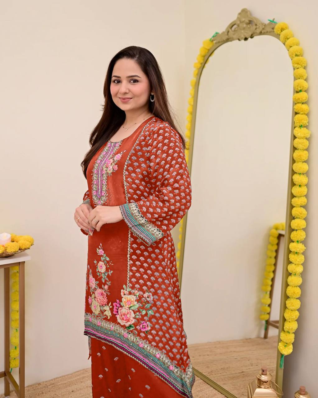 Festive Maslin Co‑Ord Set – Digital Print with Hand Mirror Work