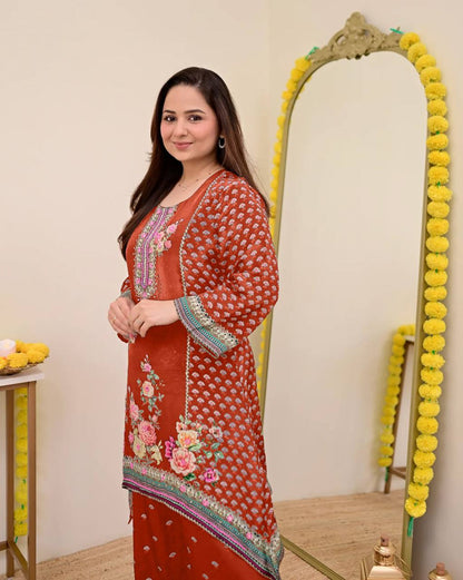 Festive Maslin Co‑Ord Set – Digital Print with Hand Mirror Work