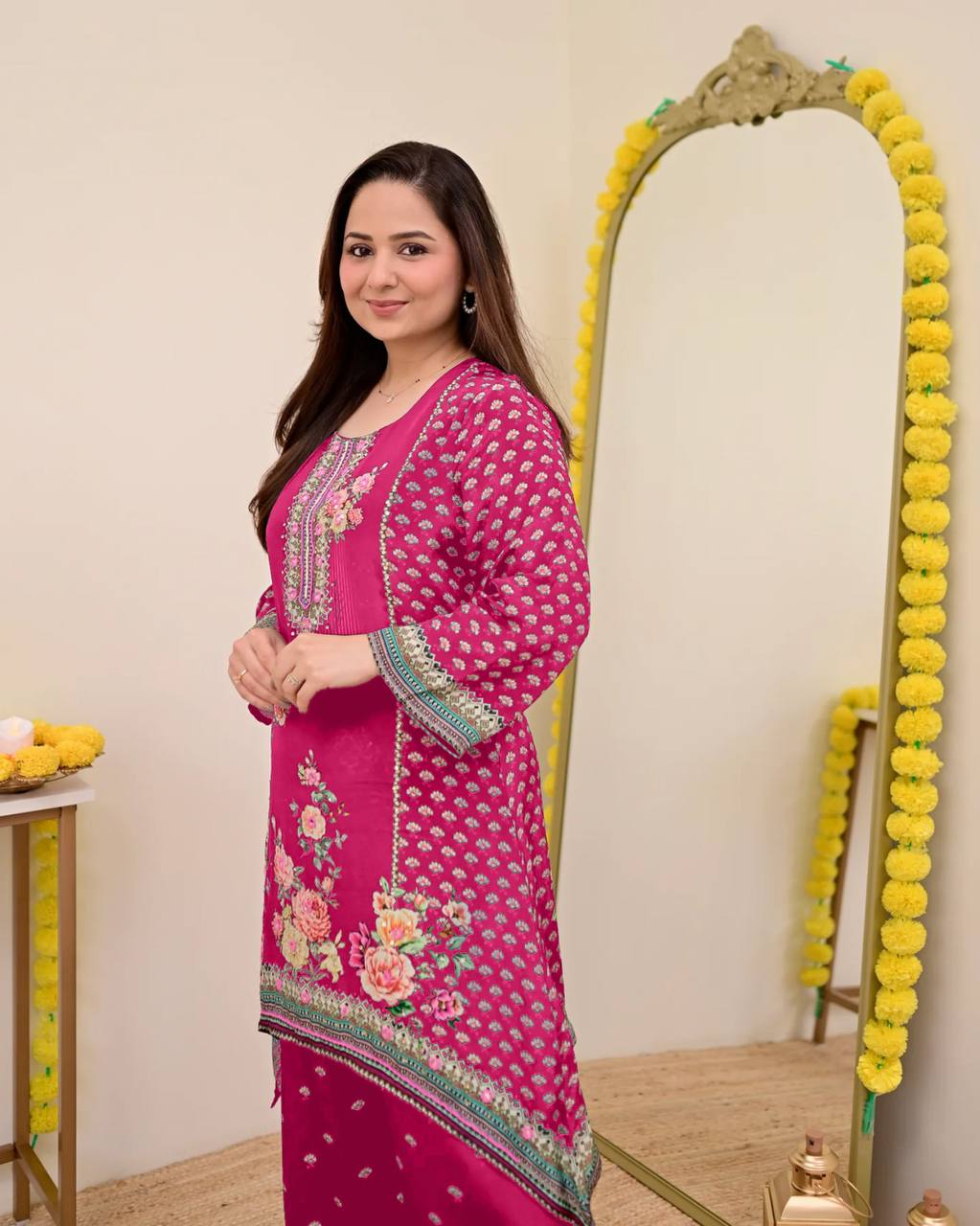 Festive Maslin Co‑Ord Set – Digital Print with Hand Mirror Work