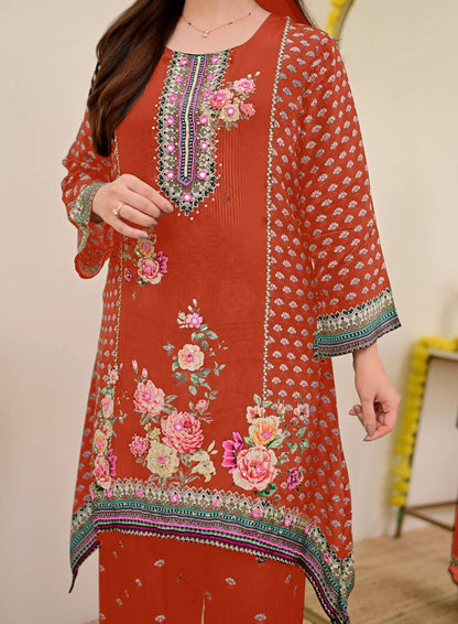 Festive Maslin Co‑Ord Set – Digital Print with Hand Mirror Work