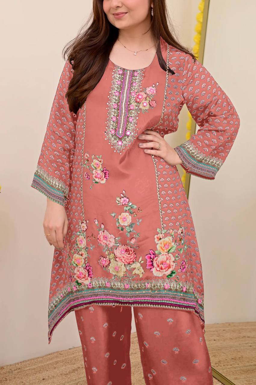 Festive Maslin Co‑Ord Set – Digital Print with Hand Mirror Work