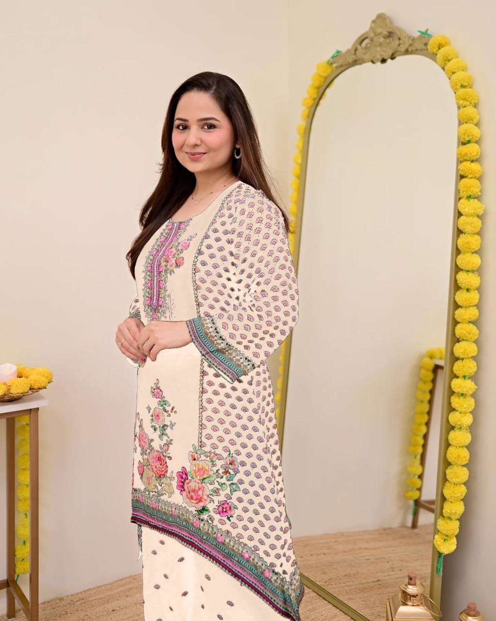 Festive Maslin Co‑Ord Set – Digital Print with Hand Mirror Work