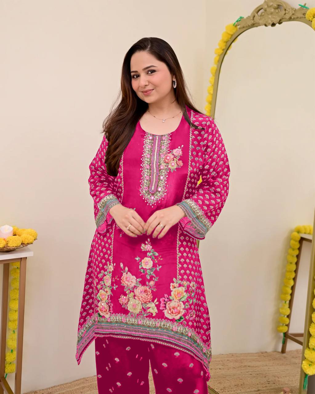 Festive Maslin Co‑Ord Set – Digital Print with Hand Mirror Work